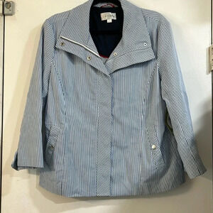 Erin London Striped Lightweight Jacket Coastal Large Zipper 3/4 Sleeve Beachy